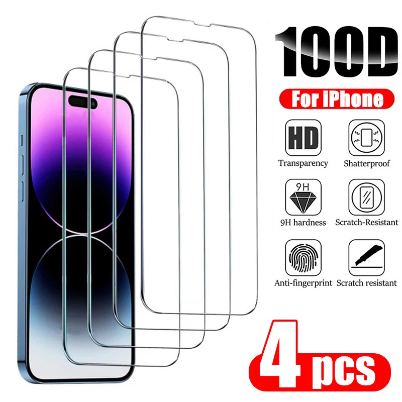 4PCS Película vidro temperado iPhone 11 12 13 14 15 Pro Max e Plus
